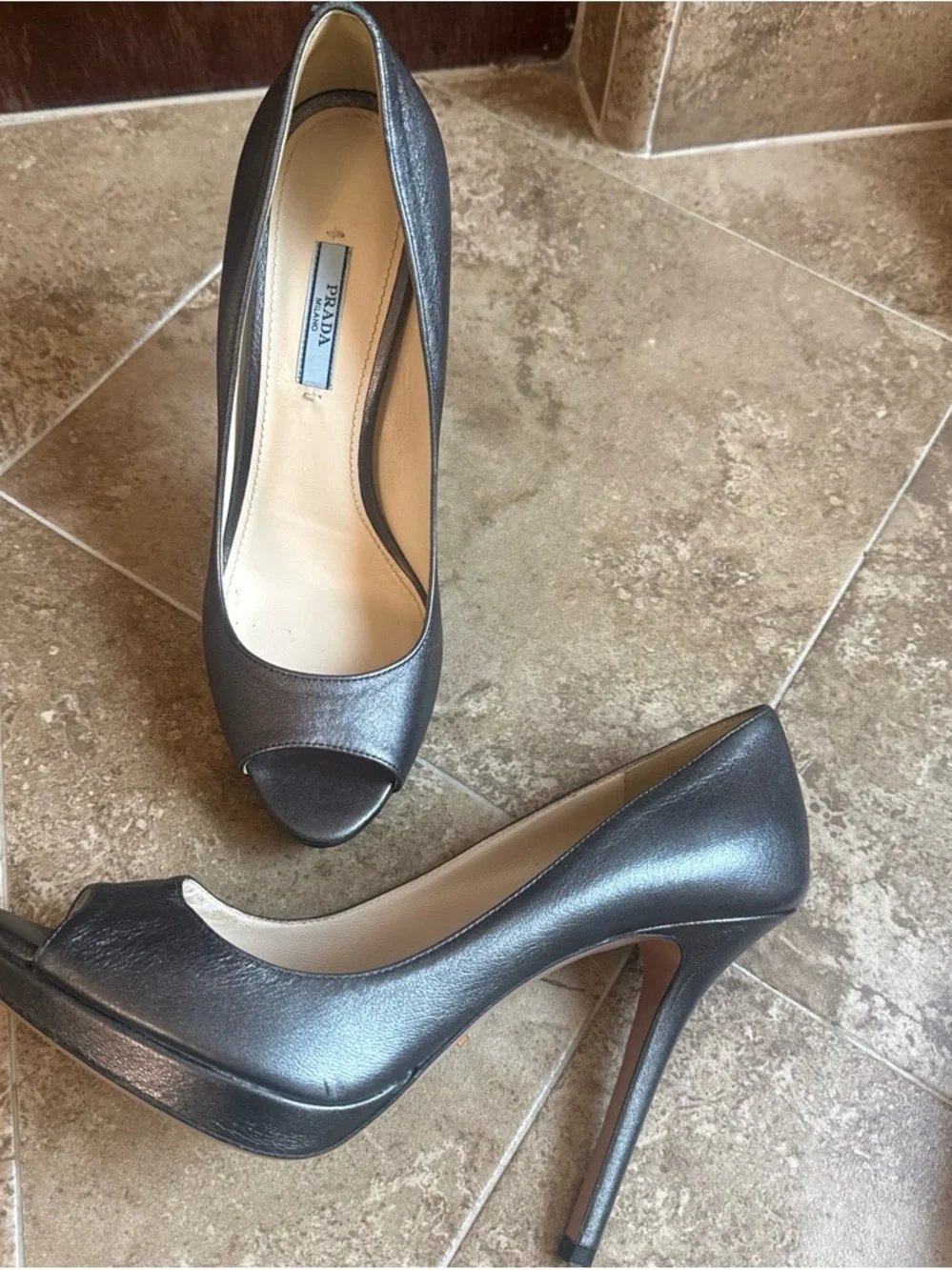 Prada Metallic Charcoal Peep-Toe Heels